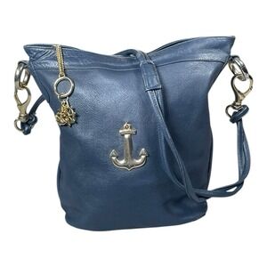 Vintage Harrods Anchor Genuine Leather Crossbody Bag Navy Blue